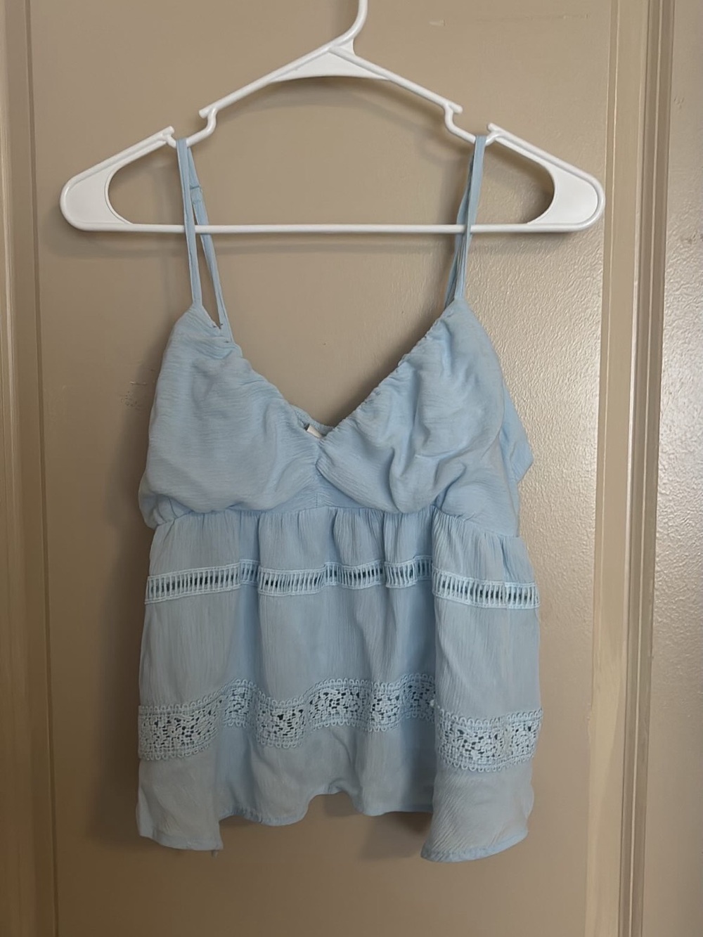 Light Blue Spaghetti Strap Lace-Trim Tank Top